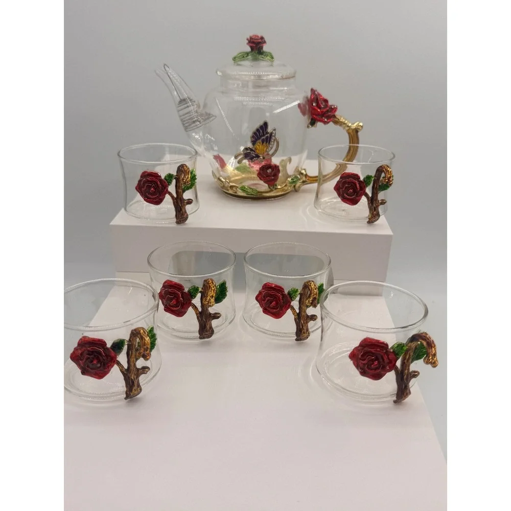 Huazhengyan Glass Tea Set 8pc Enameled Red Rose Butterfly Teapot & 6 Glasses
